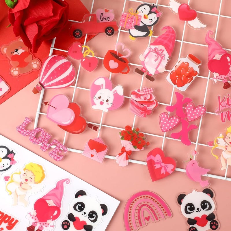 MARFOREVER 50 PCS Valentine's Day Gel Window Clings Stickers Reusable Cartoon Heart Love Rose Thick Gel Clings Decals for Valentine's Day Kids Classroom Party Window Glass Decoration - Image 2